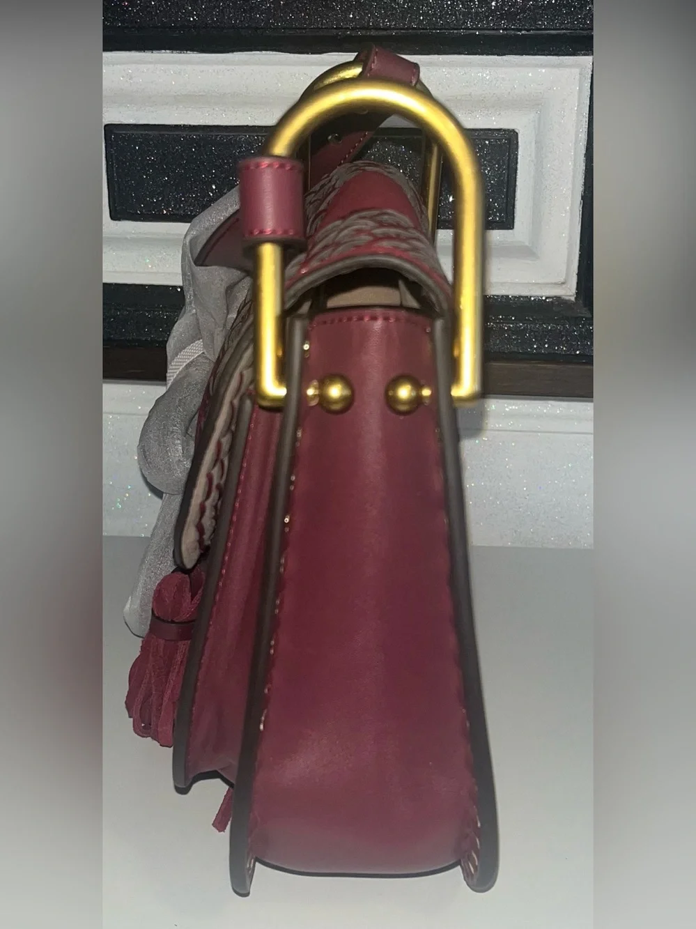 Braided Accent Shoulder Bag in Wine Red with Gold Hardware